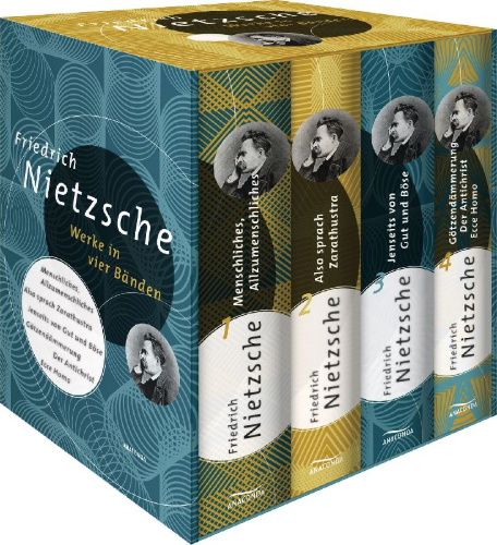 Buchcover und Innenansicht für das Buch: Friedrich Nietzsche, Werke in vier Bänden (Menschliches, Allzu Menschliches - Also sprach Zarathustra - Jenseits von Gut und Böse - Götzendämmerung/Der Antichrist/Ecce Homo) (4 Bände im Schuber)