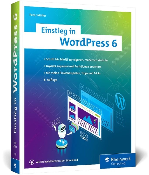Buchcover und Innenansicht für das Buch: Einstieg in WordPress 6