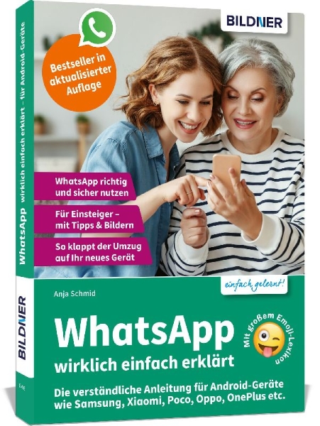 Buchcover und Innenansicht für das Buch: WhatsApp wirklich einfach erklärt - Die verständliche Anleitung für Android-Geräte wie Samsung, Xiaomi, Poco, Oppo, OnePlus etc.