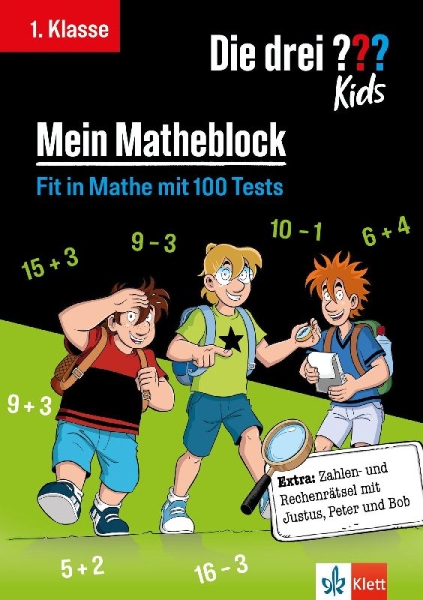 Buchcover und Innenansicht für das Buch: Die drei ??? Kids: Mein Matheblock 1. Klasse