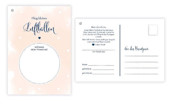 Buchcover und Innenansicht für das Buch: 50 Ballonflugkarten für Hochzeit, gelocht und extra leicht zum Weitfliegen. Wetterfeste Ballonkarten mit Wünschen zur Hochzeit für einen extra langen Flug. Weitflugkarten im Postkartenformat DIN A6