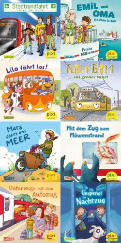 Buchcover und Innenansicht für das Buch: Pixi-8er-Set 307: Pixi unterwegs mit Bus und Bahn (8x1 Exemplar)