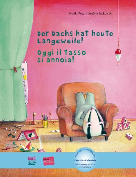 Buchcover und Innenansicht für das Buch: Der Dachs hat heute Langeweile! Deutsch-Italienisch