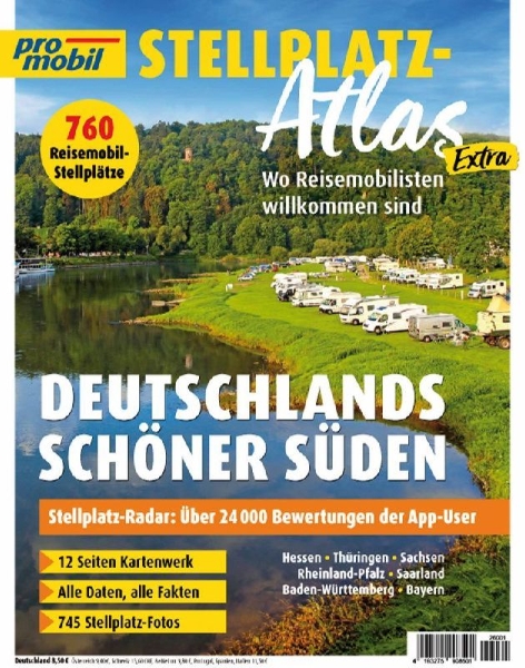 Buchcover und Innenansicht für das Buch: promobil Stellplatz-Atlas 01/2026 Deutschlands schöner Süden
