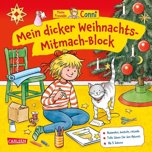 Buchcover und Innenansicht für das Buch: Conni Gelbe Reihe (Beschäftigungsbuch): Mein dicker Weihnachts-Mitmach-Block