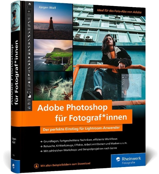 Buchcover und Innenansicht für das Buch: Adobe Photoshop für Fotograf*innen
