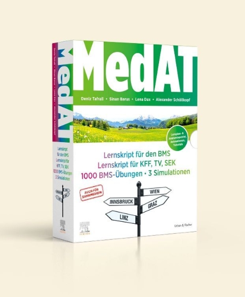 Buchcover und Innenansicht für das Buch: MedAT Kompendium - Lernskript für den BMS, Lernskript für KFF, TV, SEK, BMS-Übungen, Simulationen im Schuber
