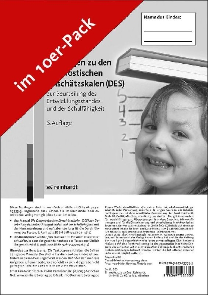 Buchcover und Innenansicht für das Buch: Testbogen zu den Diagnostischen Einschätzskalen (DES) zur Beurteilung des Entwicklungsstandes und der Schulfähigkeit