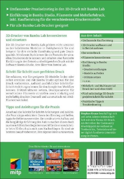 Buchcover und Innenansicht für das Buch: 3D-Druck mit  Bambu Lab
