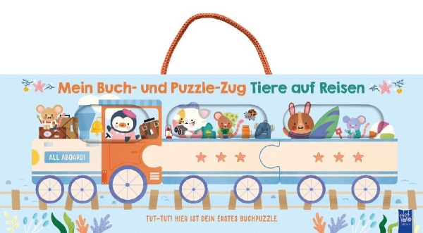 Buchcover und Innenansicht für das Buch: Mein Buch- und Puzzle-Zug: Tiere auf Reisen