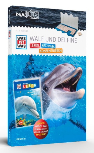 Buchcover und Innenansicht für das Buch: miniLÜK-Set. WAS IST WAS Wale und Delfine Lesen, Rechnen, Konzentrieren 1. Klasse