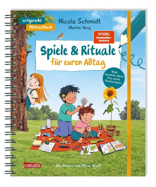 Buchcover und Innenansicht für das Buch: Spiele & Rituale für euren Alltag