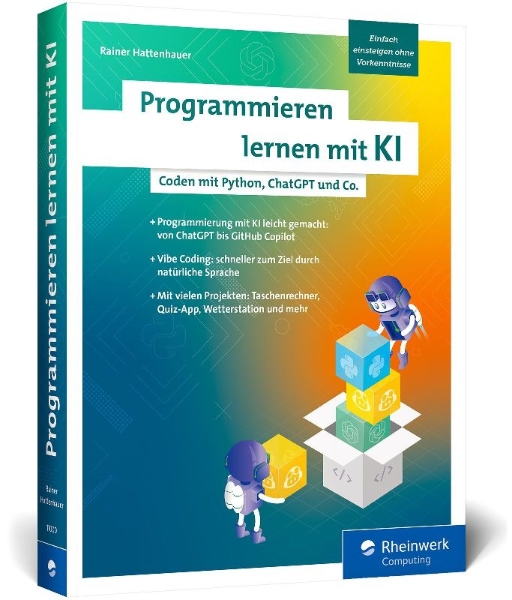 Buchcover und Innenansicht für das Buch: Programmieren lernen mit KI