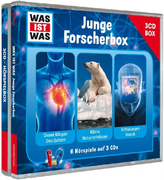 Buchcover und Innenansicht für das Buch: Was ist was Hörspielbox: Junge Forscher-Box