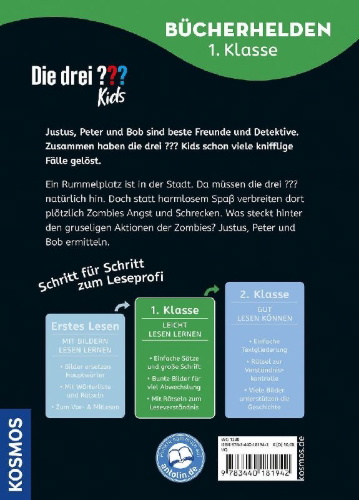 Buchcover und Innenansicht für das Buch: Die drei ??? Kids, Bücherhelden 1. Klasse, Vorsicht, Zombies!