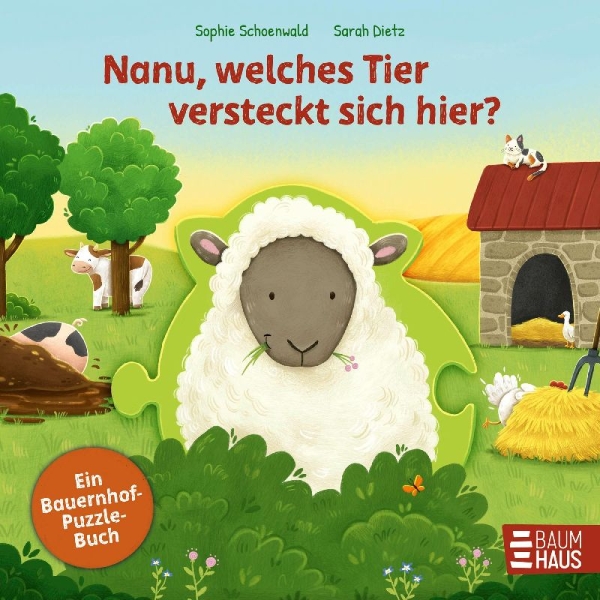 Buchcover und Innenansicht für das Buch: Nanu, welches Tier versteckt sich hier? Ein Bauernhof-Puzzle-Buch