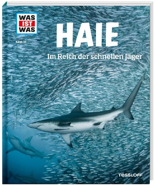 Buchcover und Innenansicht für das Buch: WAS IST WAS Band 95 Haie. Im Reich der schnellen Jäger