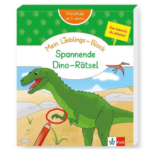 Buchcover und Innenansicht für das Buch: Klett Mein Lieblings-Block Spannende Dino-Rätsel