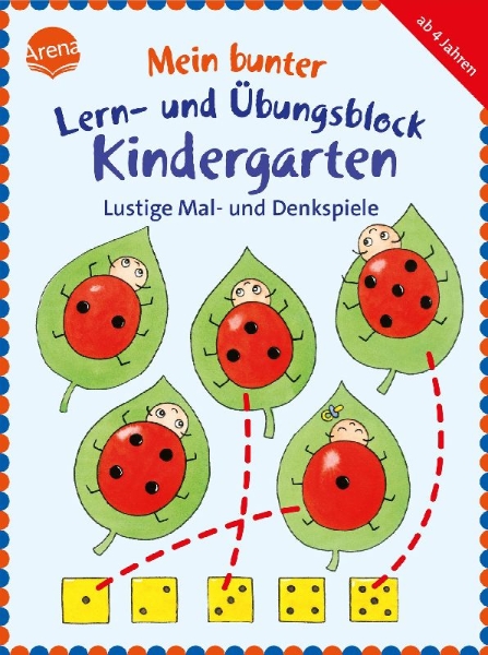 Buchcover und Innenansicht für das Buch: Mein bunter Lern- und Übungsblock Kindergarten. Lustige Mal- und Denkspiele
