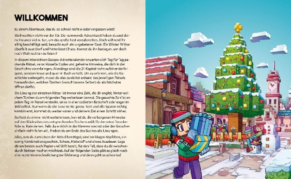 Buchcover und Innenansicht für das Buch: Escape-Adventskalender für Minecrafter: Der Angriff des Winter-Withers