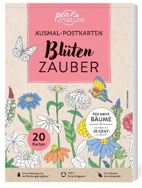 Buchcover und Innenansicht für das Buch: Ausmal-Postkarten Blütenzauber | 20 Karten