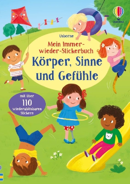 Buchcover und Innenansicht für das Buch: Mein Immer-wieder-Stickerbuch: Körper, Sinne und Gefühle