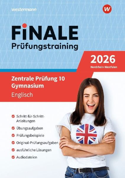 Buchcover und Innenansicht für das Buch: FiNALE Prüfungstraining Zentrale Prüfung 10 Gymnasium Nordrhein-Westfalen. Englisch 2026
