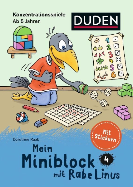 Buchcover und Innenansicht für das Buch: Mein Miniblock mit Rabe Linus - Konzentrationsspiele