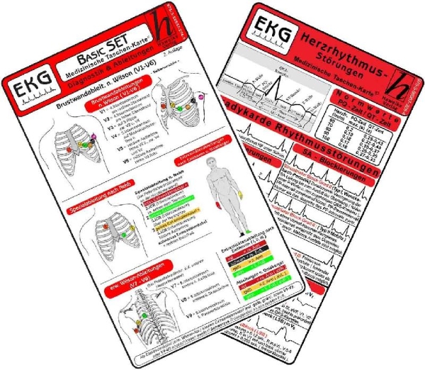 Buchcover und Innenansicht für das Buch: EKG Basic Set (er Set) - Herzrhythmusstörungen, EKG Auswertung - Medizinische Taschen-Karte