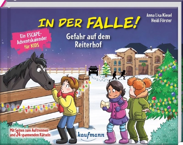 Buchcover und Innenansicht für das Buch: In der Falle! Gefahr auf dem Reiterhof - Ein Escape-Adventskalender für Kids