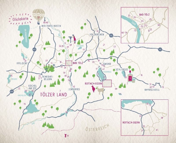 Buchcover und Innenansicht für das Buch: Glücksorte im Tölzer Land. Mit Tegernsee & Schliersee