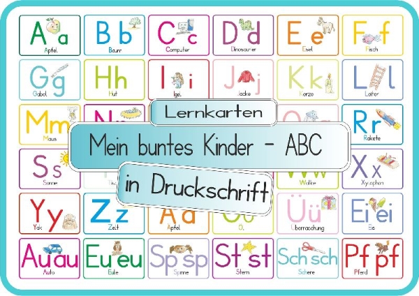 Buchcover und Innenansicht für das Buch: Mein buntes Kinder-ABC Druckschrift mit Umlauten, Doppellauten und Sp, St, Sch und Pf