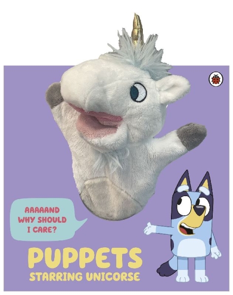 Buchcover und Innenansicht für das Buch: Bluey: Puppets: Starring Unicorse