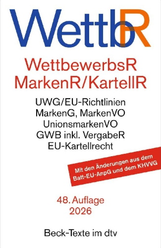 Buchcover und Innenansicht für das Buch: Wettbewerbsrecht, Markenrecht und Kartellrecht. WettbR