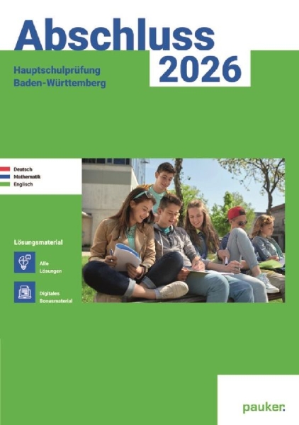 Buchcover und Innenansicht für das Buch: Abschluss 2026 - Hauptschulprüfung Baden-Württemberg - Lösungsband - Deutsch - Mathe - Englisch