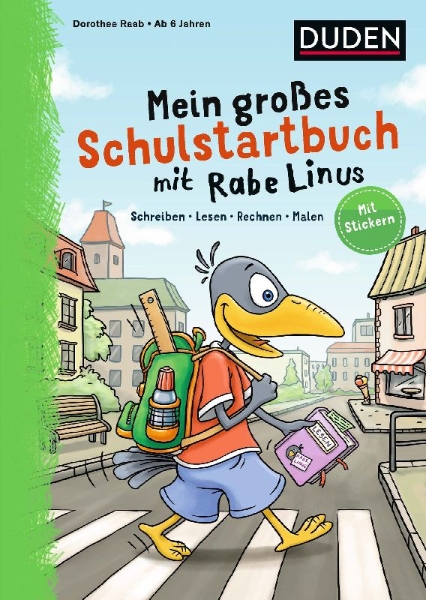 Buchcover und Innenansicht für das Buch: Mein großes Schulstartbuch mit Rabe Linus