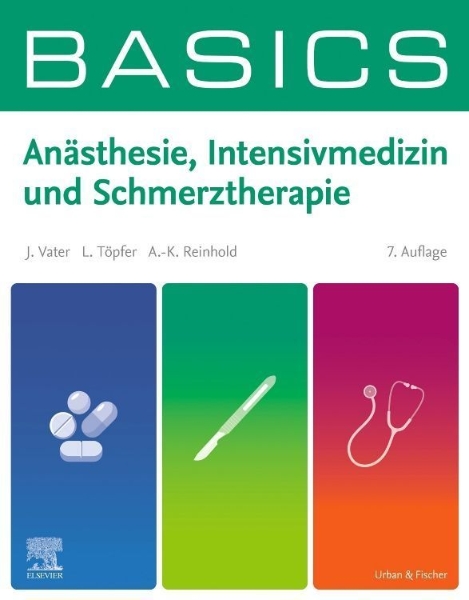 Buchcover und Innenansicht für das Buch: BASICS Anästhesie, Intensivmedizin und Schmerztherapie