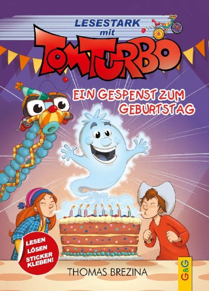 Buchcover und Innenansicht für das Buch: Tom Turbo - Lesestark - Ein Gespenst zum Geburtstag