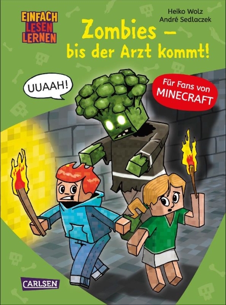 Buchcover und Innenansicht für das Buch: Lesenlernen mit Spaß - Minecraft 1: Zombies - bis der Arzt kommt!