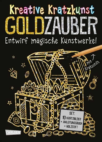 Buchcover und Innenansicht für das Buch: Kratzbilder für Kinder: Kreative Kratzkunst: Goldzauber