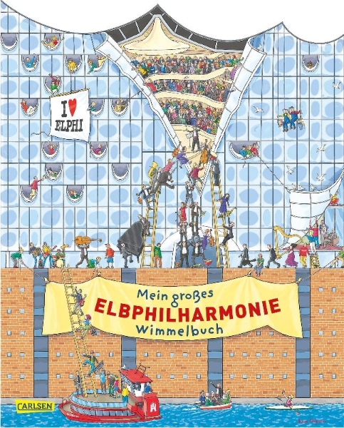 Buchcover und Innenansicht für das Buch: Mein großes Elbphilharmonie-Wimmelbuch
