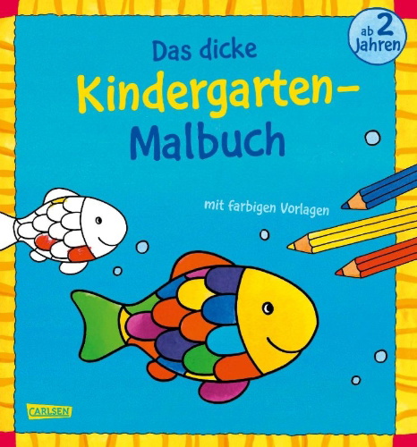 Buchcover und Innenansicht für das Buch: Das dicke Kindergarten-Malbuch: Mit farbigen Vorlagen und lustiger Fehlersuche