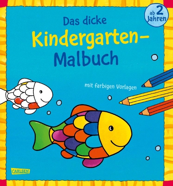 Buchcover und Innenansicht für das Buch: Das dicke Kindergarten-Malbuch: Mit farbigen Vorlagen und lustiger Fehlersuche
