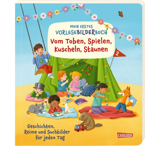 Buchcover und Innenansicht für das Buch: Mein erstes Vorlese-Bilder-Buch: Vom Toben, Spielen, Kuscheln, Staunen