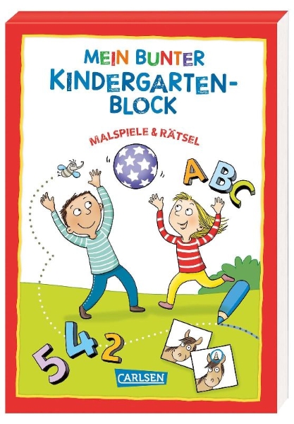 Buchcover und Innenansicht für das Buch: Mein bunter Kindergarten-Block: Malspiele und Rätsel
