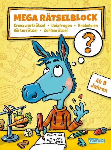 Buchcover und Innenansicht für das Buch: Mega Rätselblock - Kreuzworträtsel, Quizfragen, Knobeleien, Wörterrätsel, Zahlenrätsel