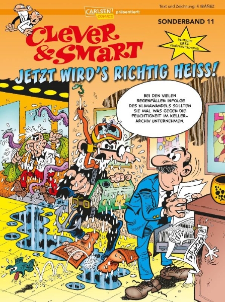 Buchcover und Innenansicht für das Buch: Mortadelo y Filemon: El cambio climático