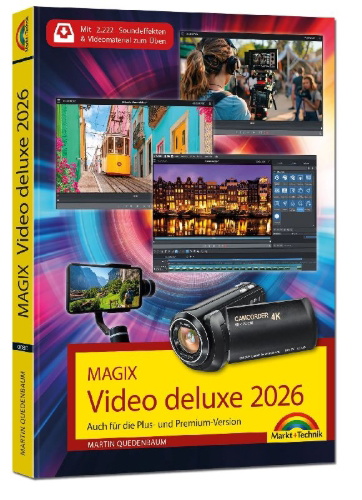 Buchcover und Innenansicht für das Buch: MAGIX Video deluxe 2026 - Das Buch zur Software. Die besten Tipps und Tricks.