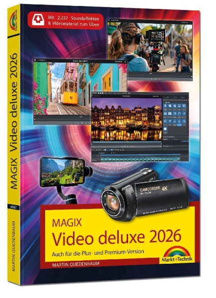 Buchcover und Innenansicht für das Buch: MAGIX Video deluxe 2026 - Das Buch zur Software. Die besten Tipps und Tricks.
