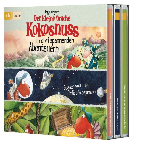 Buchcover und Innenansicht für das Buch: Der kleine Drache Kokosnuss in drei spannenden Abenteuern